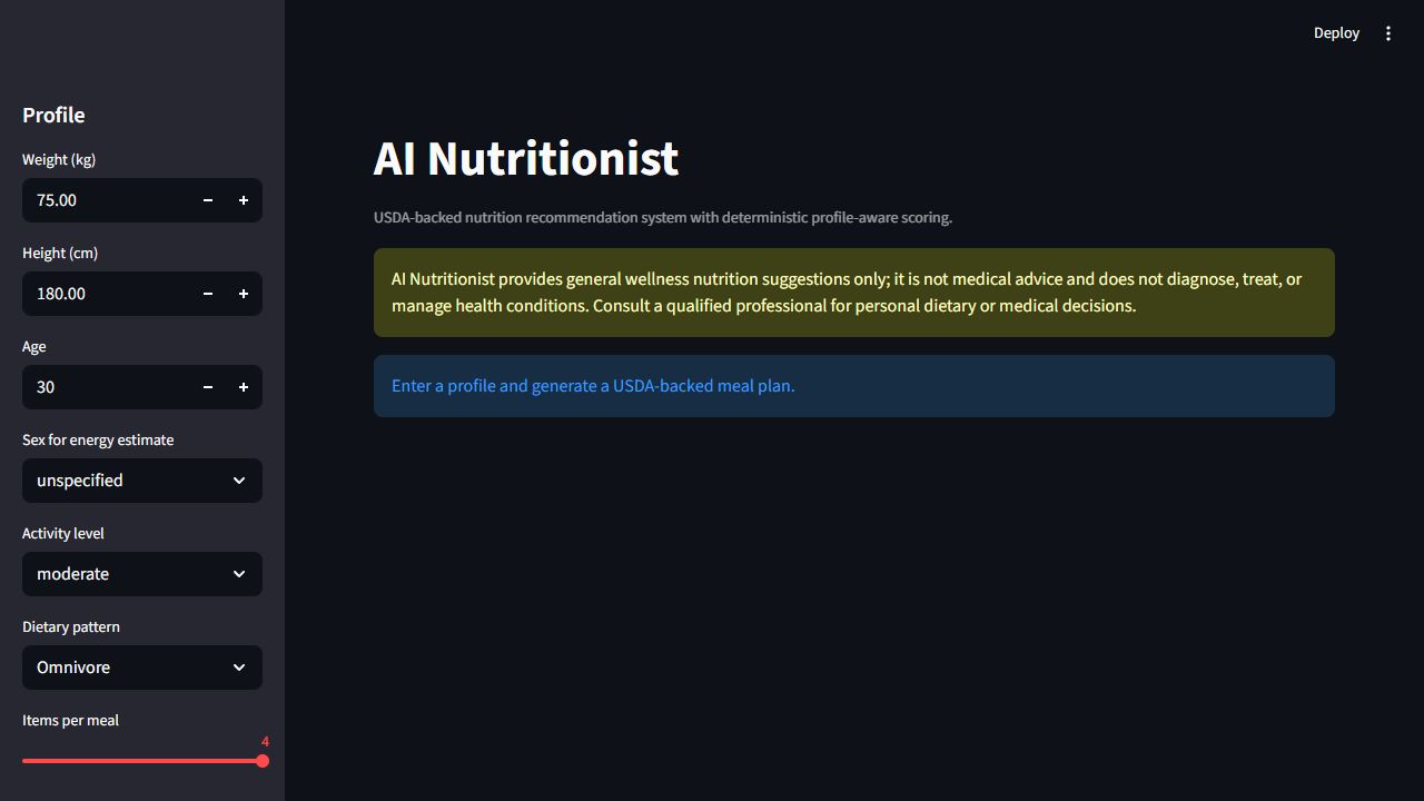 AI Nutritionist Streamlit input screen with safety disclaimer
