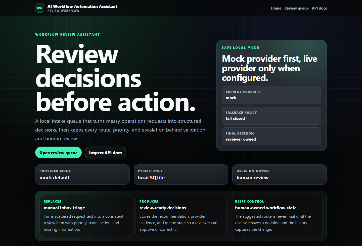 AI Workflow Automation Assistant home screen with provider and review boundaries
