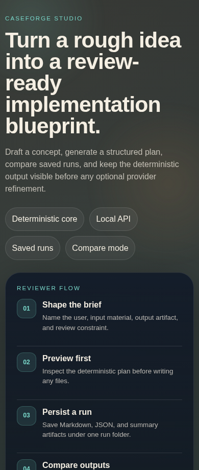 CaseForge Studio mobile layout for the local implementation blueprint workspace