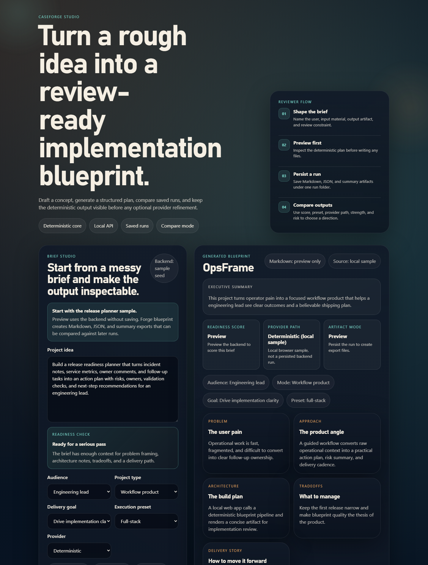 CaseForge Studio local web app showing a generated implementation blueprint