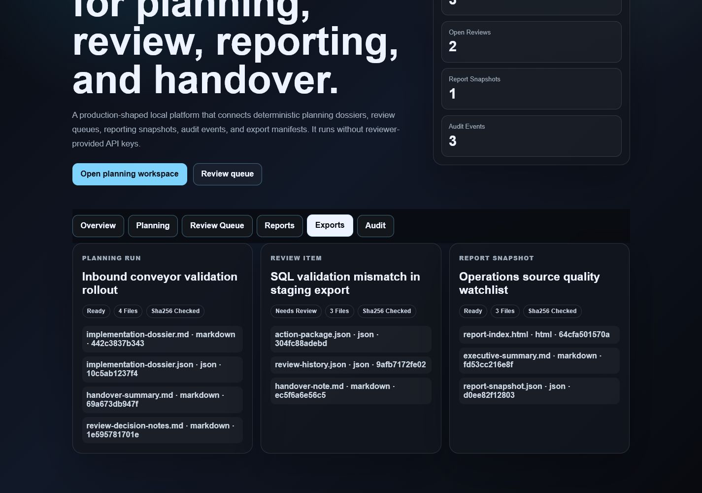 OpsForge Suite export center with checksummed planning review and report packages