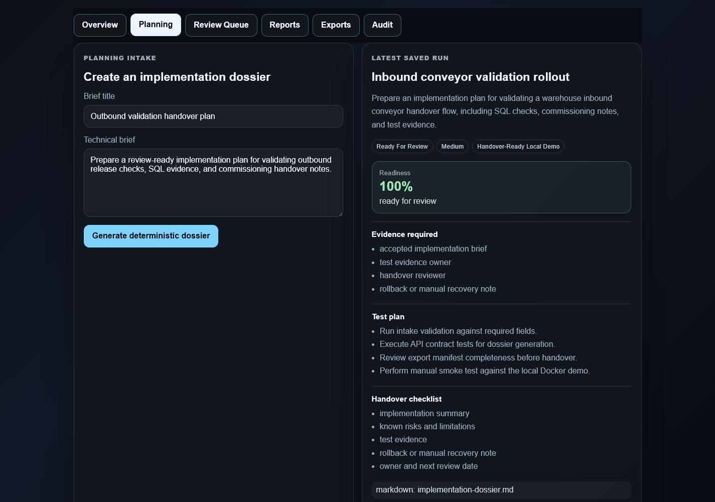 OpsForge Suite planning workspace with implementation dossier and risk register